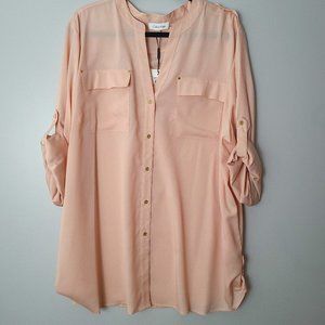 Calvin Klein Plus Soft Pink Chiffon Crew Neck Roll Sleeve Button Up - 2x